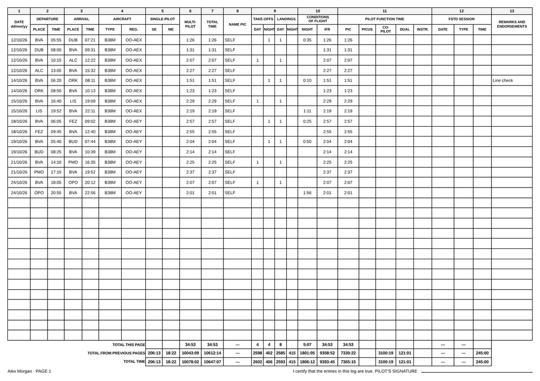 Printed EASA compact logbook page